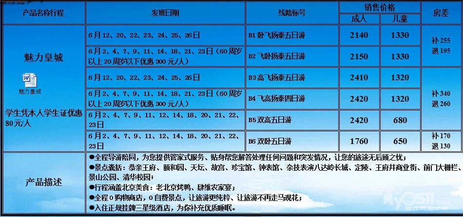 北京6月份计划及报价表 - 镇江踏歌旅行社 - 畅