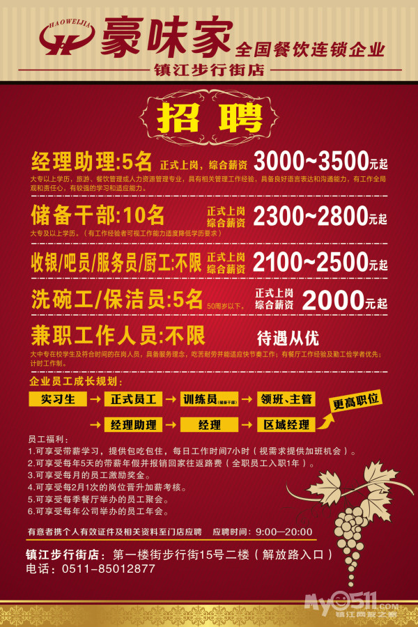 豪味家牛排招聘经理助理、收银员、服务员、吧