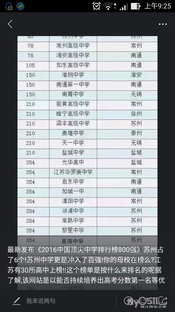 2016江苏重点高中高考成绩排行,镇江排不上(二
