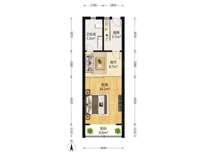 金山 景天花园朝南全明整洁38平1400元/月含物业 一室