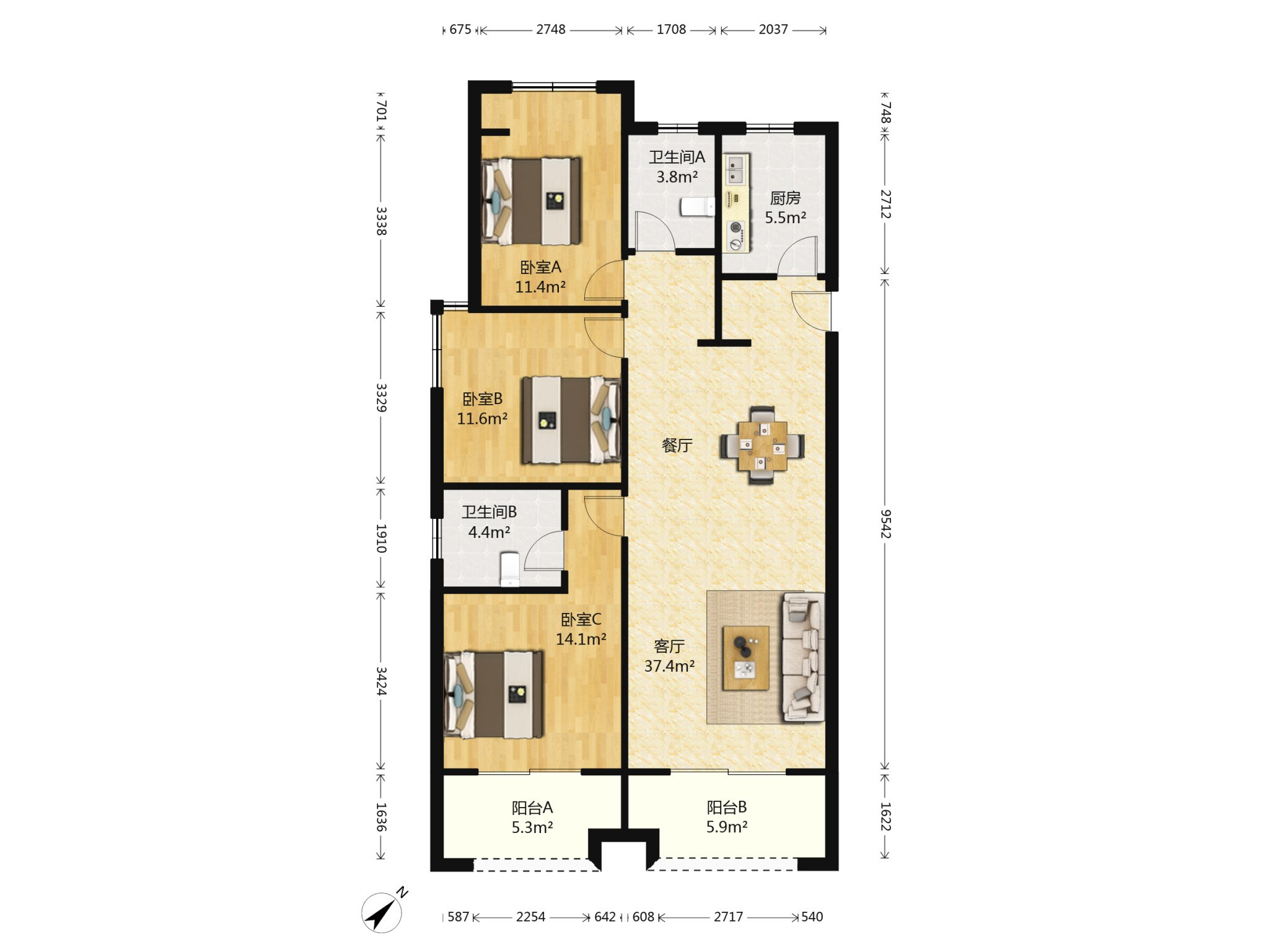 三室二厅128 平方米9532元/平米 户型建筑面积单价 多层住宅中档仔揶